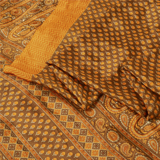 Sanskriti Vintage Sarees Brown & Yellow Moss Crepe Print Sari 5+YD Craft Fabric