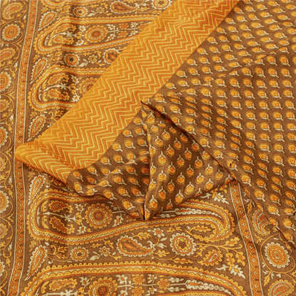 Sanskriti Vintage Sarees Brown & Yellow Moss Crepe Print Sari 5+YD Craft Fabric