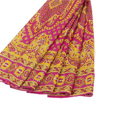 Sanskriti Vintage Indian Sarees Pink Moss Crepe Printed Sari 5+YD Craft Fabric