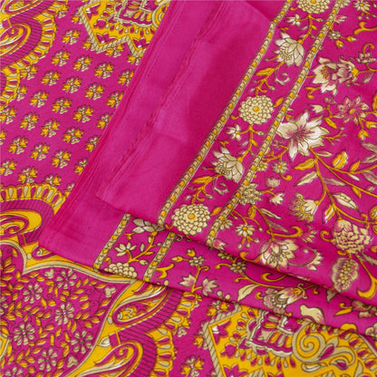 Sanskriti Vintage Indian Sarees Pink Moss Crepe Printed Sari 5+YD Craft Fabric