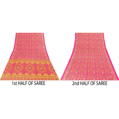 Sanskriti Vintage Indian Sarees Pink Moss Crepe Printed Sari 5+YD Craft Fabric