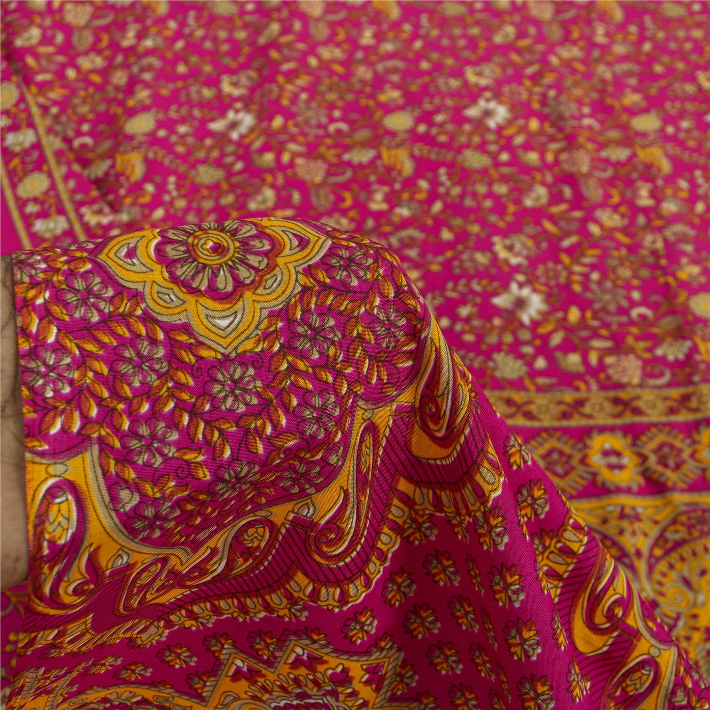 Sanskriti Vintage Indian Sarees Pink Moss Crepe Printed Sari 5+YD Craft Fabric