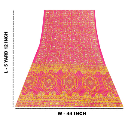 Sanskriti Vintage Indian Sarees Pink Moss Crepe Printed Sari 5+YD Craft Fabric