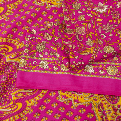 Sanskriti Vintage Indian Sarees Pink Moss Crepe Printed Sari 5+YD Craft Fabric