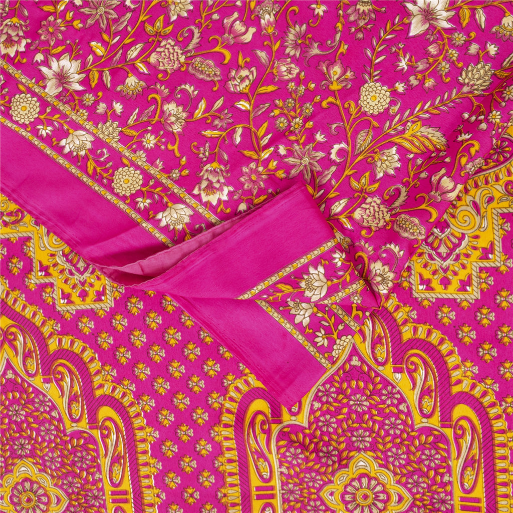 Sanskriti Vintage Indian Sarees Pink Moss Crepe Printed Sari 5+YD Craft Fabric