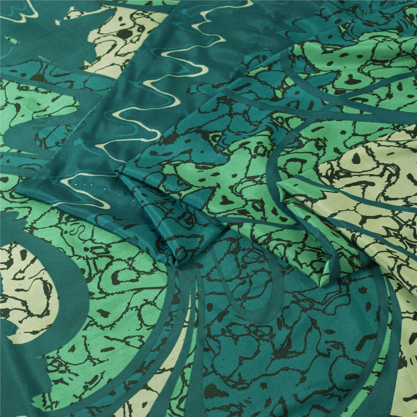 Sanskriti Vintage Sarees Green Moss Crepe Abstract Print Sari 5+YD Craft Fabric