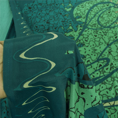 Sanskriti Vintage Sarees Green Moss Crepe Abstract Print Sari 5+YD Craft Fabric
