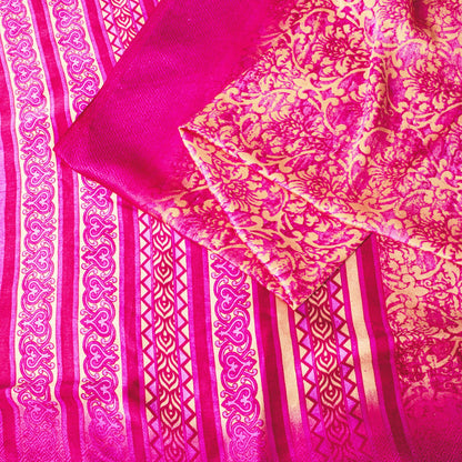 Sanskriti Vintage Saree Pink Moss Crepe Floral Printed Sari 7+YD Craft Fabric