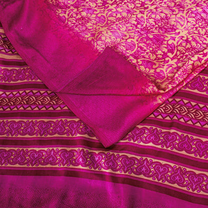 Sanskriti Vintage Saree Pink Moss Crepe Floral Printed Sari 7+YD Craft Fabric