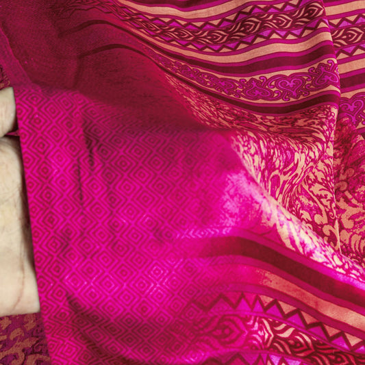 Sanskriti Vintage Saree Pink Moss Crepe Floral Printed Sari 7+YD Craft Fabric