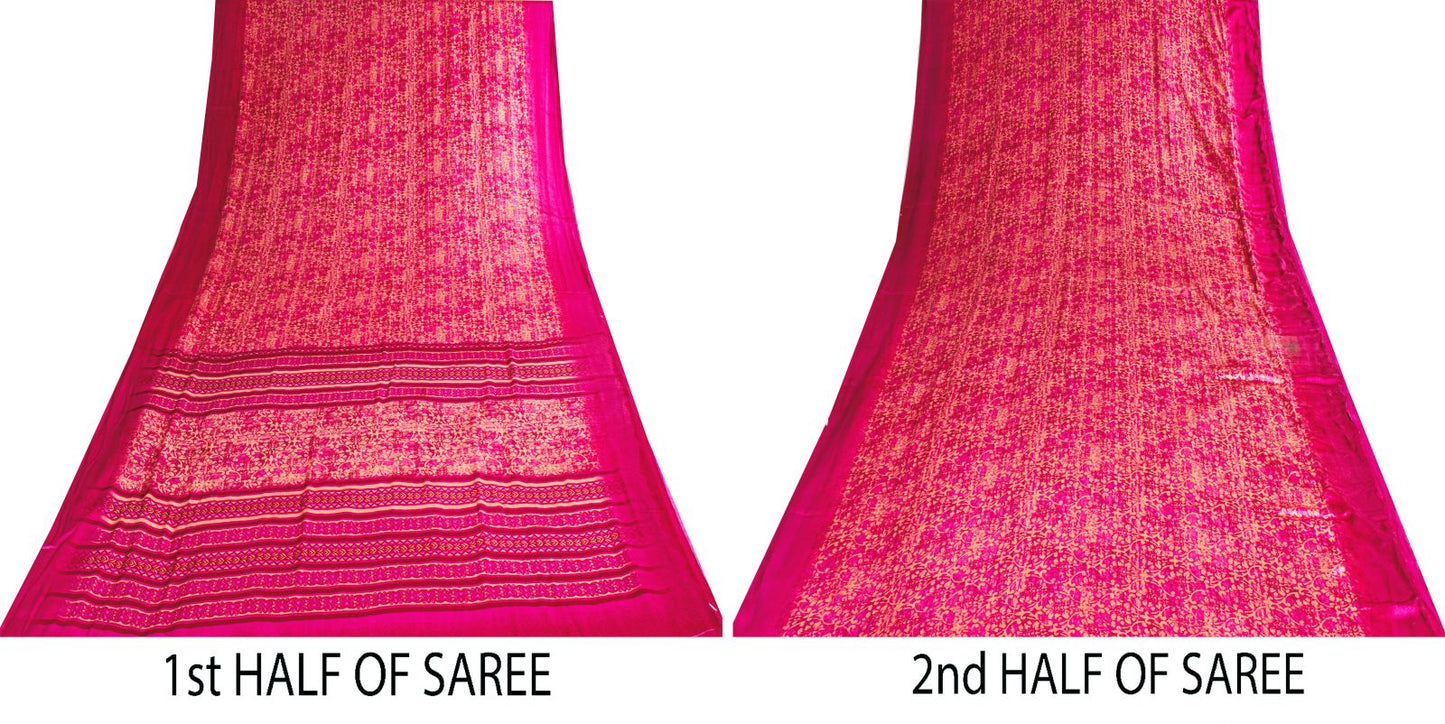 Sanskriti Vintage Saree Pink Moss Crepe Floral Printed Sari 7+YD Craft Fabric