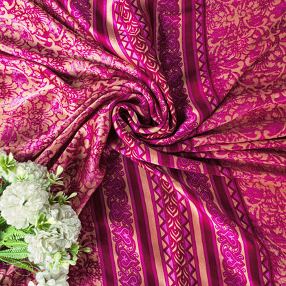 Sanskriti Vintage Saree Pink Moss Crepe Floral Printed Sari 7+YD Craft Fabric