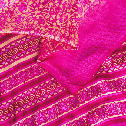 Sanskriti Vintage Saree Pink Moss Crepe Floral Printed Sari 7+YD Craft Fabric