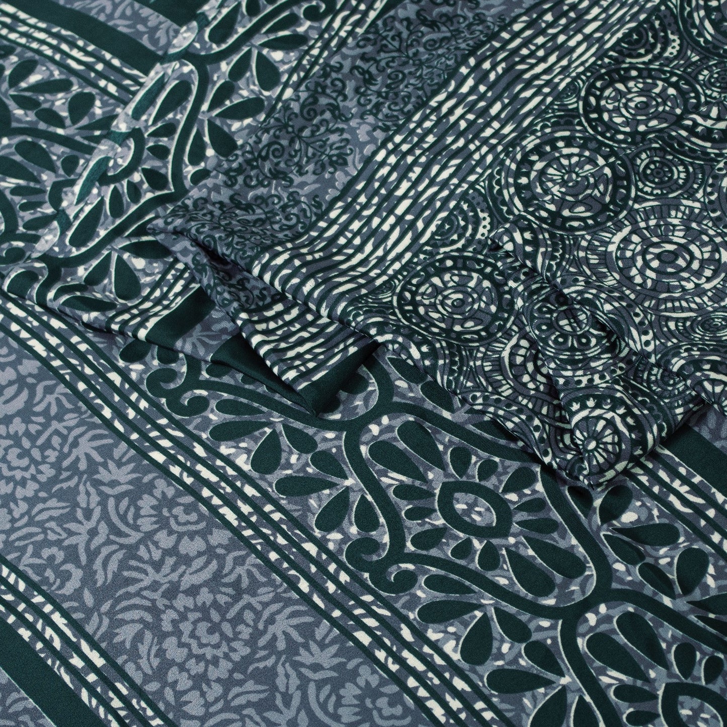 Sanskriti Vintage Saree Gray & Green Moss Crepe Saree Floral Printed 6+Yd Sari Indian Craft Fabric Supplies Material, Home Decor, Sewing