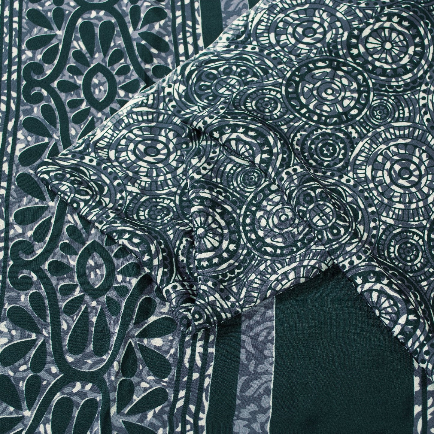 Sanskriti Vintage Saree Gray & Green Moss Crepe Saree Floral Printed 6+Yd Sari Indian Craft Fabric Supplies Material, Home Decor, Sewing
