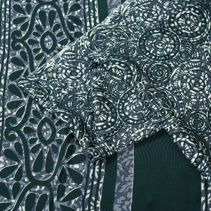 Sanskriti Vintage Saree Gray & Green Moss Crepe Saree Floral Printed 6+Yd Sari Indian Craft Fabric Supplies Material, Home Decor, Sewing