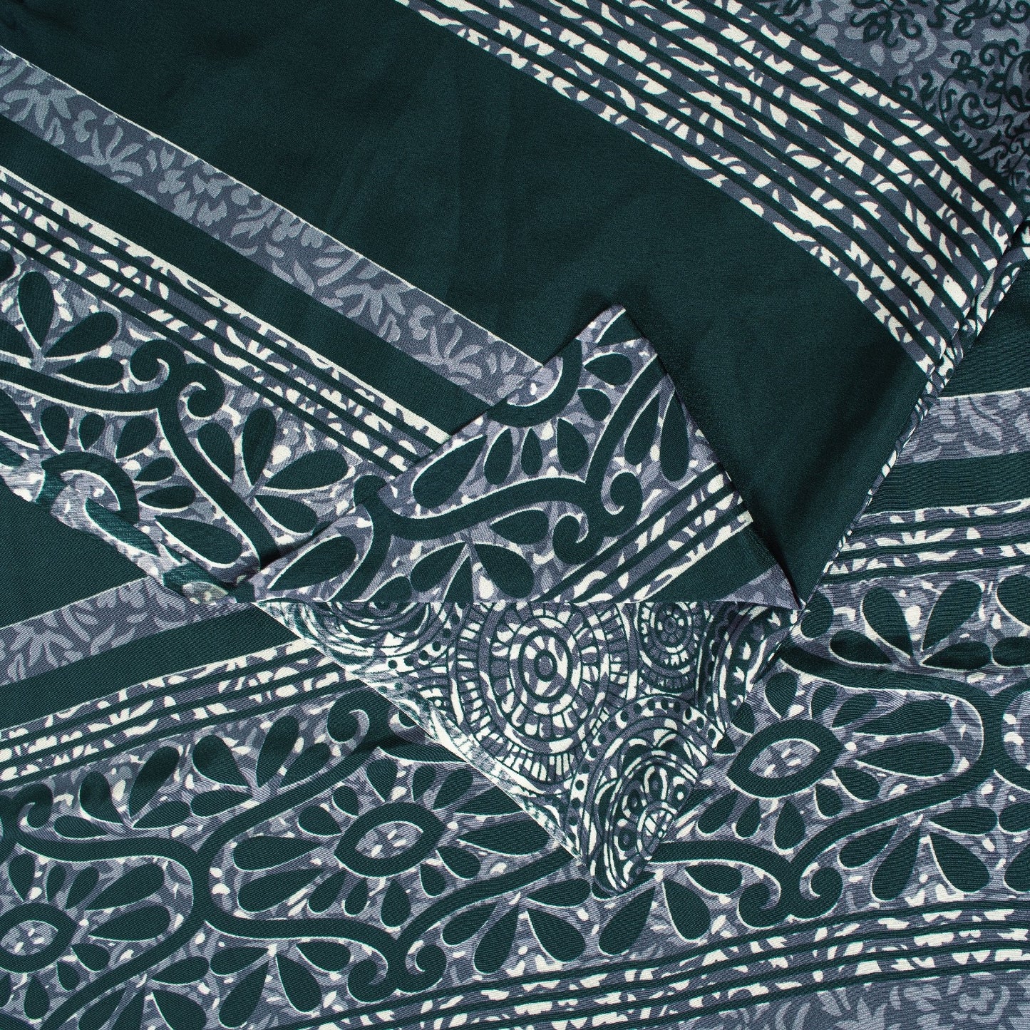 Sanskriti Vintage Saree Gray & Green Moss Crepe Saree Floral Printed 6+Yd Sari Indian Craft Fabric Supplies Material, Home Decor, Sewing