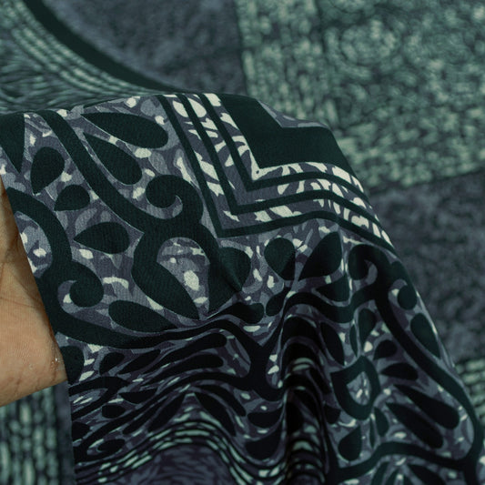 Sanskriti Vintage Sarees Gray & Green Moss Crepe Floral Printed 6+YD Fabric Sari
