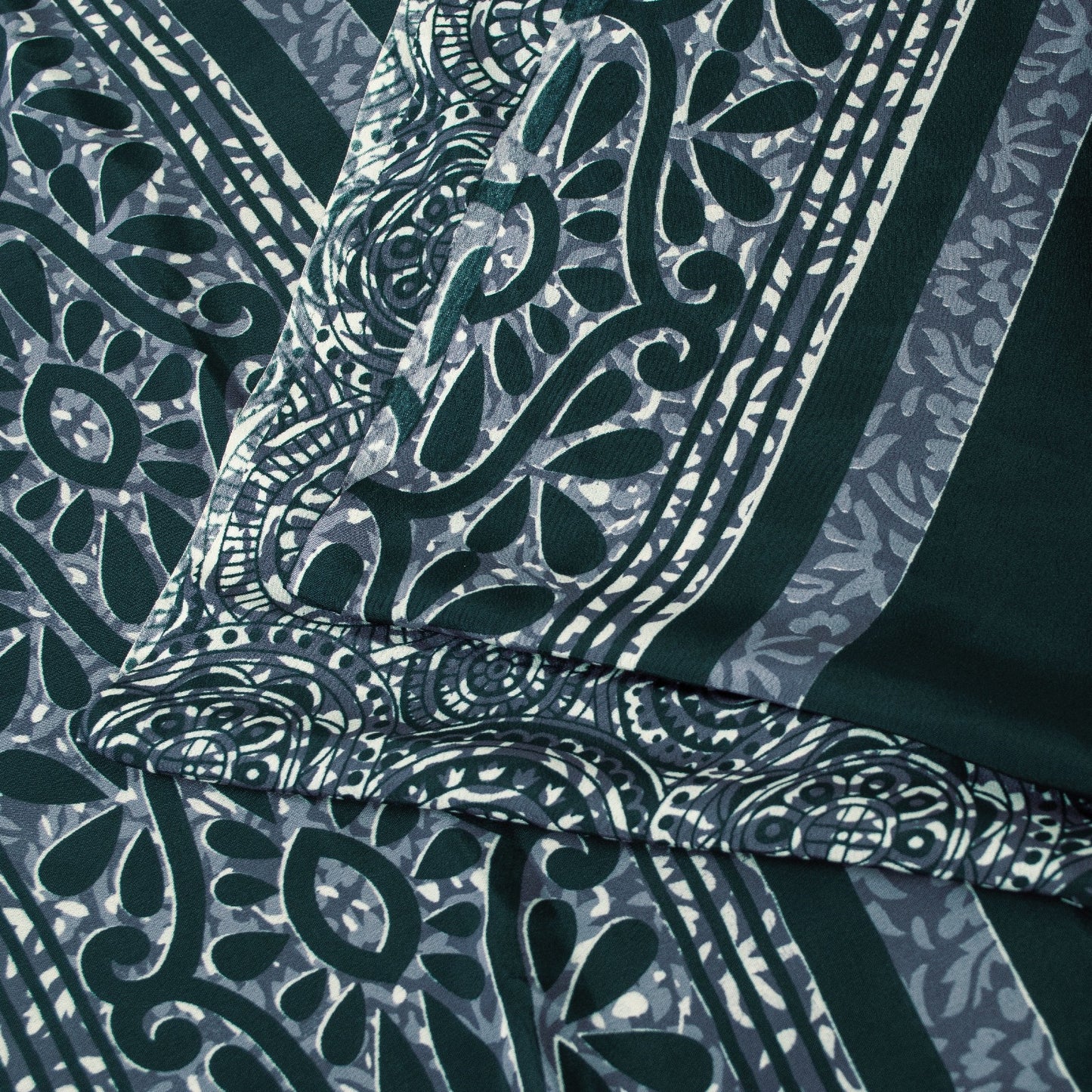 Sanskriti Vintage Saree Gray & Green Moss Crepe Saree Floral Printed 6+Yd Sari Indian Craft Fabric Supplies Material, Home Decor, Sewing