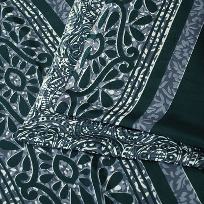 Sanskriti Vintage Saree Gray & Green Moss Crepe Saree Floral Printed 6+Yd Sari Indian Craft Fabric Supplies Material, Home Decor, Sewing