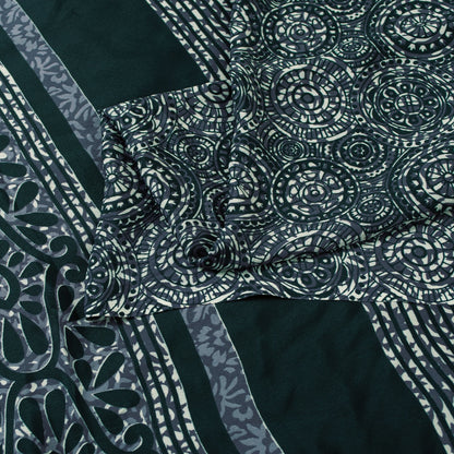 Sanskriti Vintage Saree Gray & Green Moss Crepe Saree Floral Printed 6+Yd Sari Indian Craft Fabric Supplies Material, Home Decor, Sewing