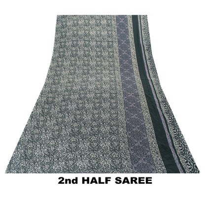 Sanskriti Vintage Saree Gray & Green Moss Crepe Saree Floral Printed 6+Yd Sari Indian Craft Fabric Supplies Material, Home Decor, Sewing