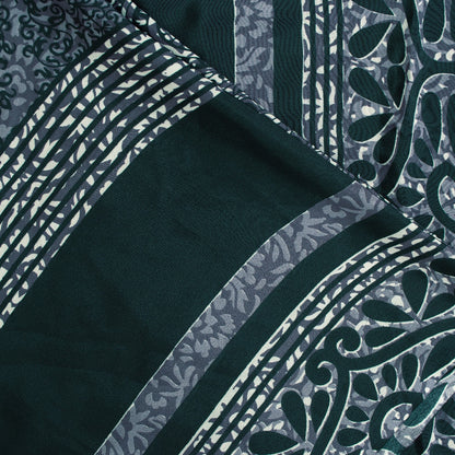 Sanskriti Vintage Saree Gray & Green Moss Crepe Saree Floral Printed 6+Yd Sari Indian Craft Fabric Supplies Material, Home Decor, Sewing