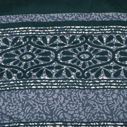 Sanskriti Vintage Saree Gray & Green Moss Crepe Saree Floral Printed 6+Yd Sari Indian Craft Fabric Supplies Material, Home Decor, Sewing