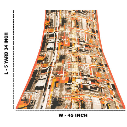 Sanskriti Vintage Sarees Moss Crepe Digital Print Abstract 5+YD Crafters Upcycle