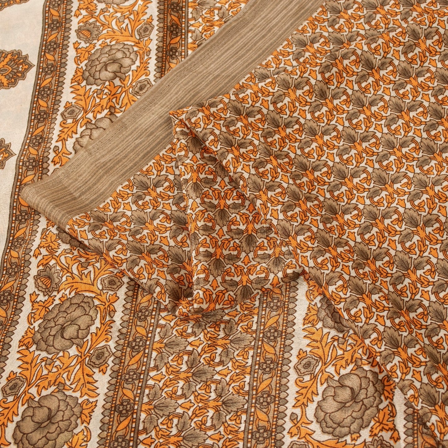 Sanskriti Vintage Sarees Golden Moss Crepe Floral Printed 5+YD Sari For Crafters