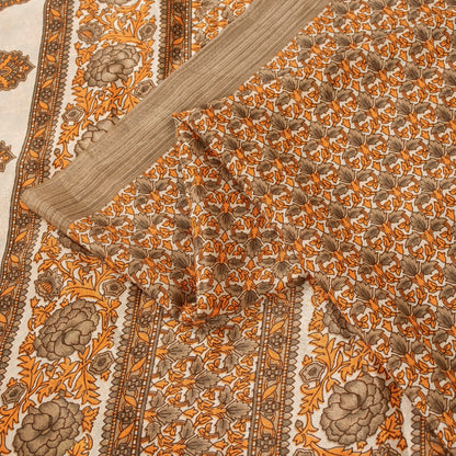Sanskriti Vintage Sarees Golden Moss Crepe Floral Printed 5+YD Sari For Crafters