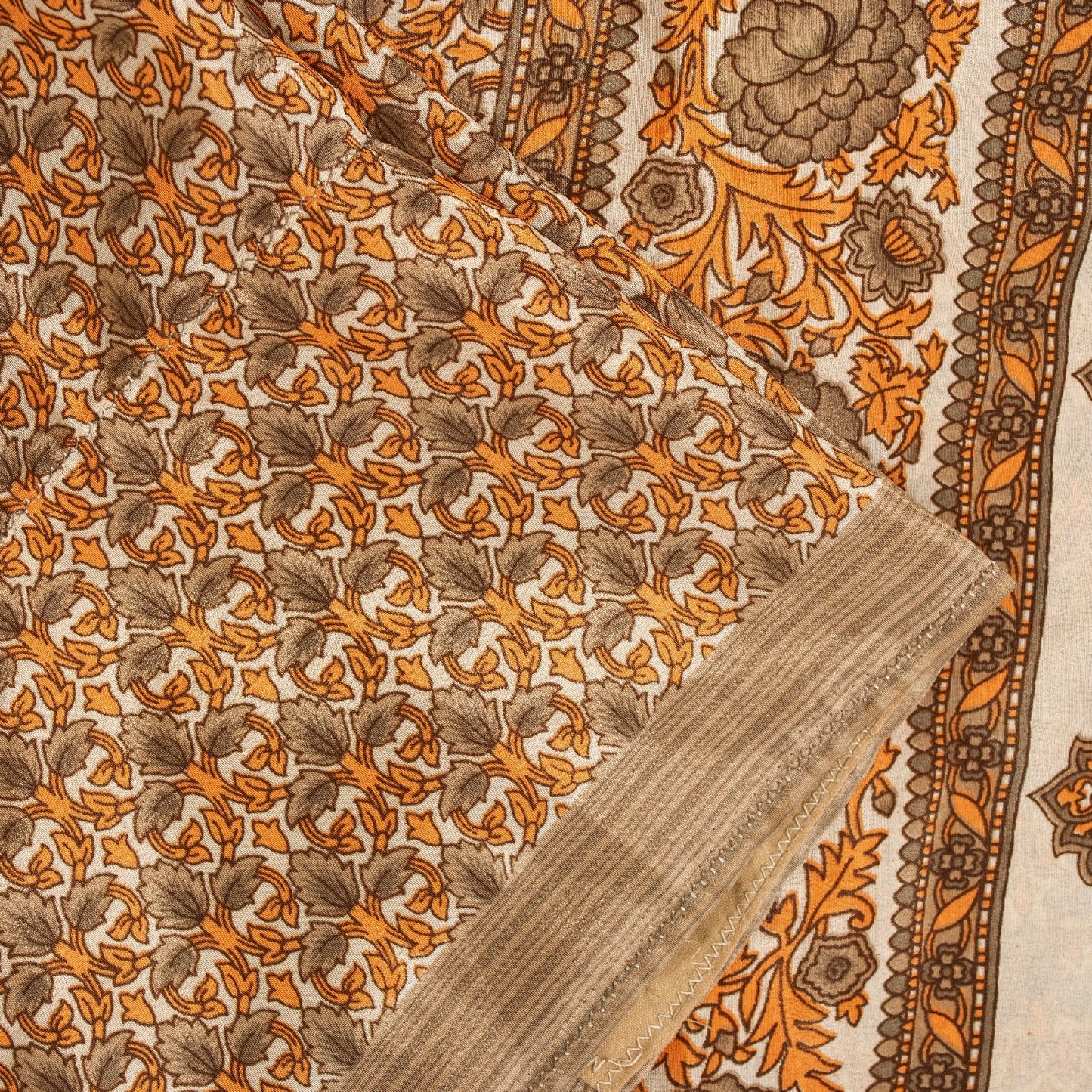 Sanskriti Vintage Sarees Golden Moss Crepe Floral Printed 5+YD Sari For Crafters