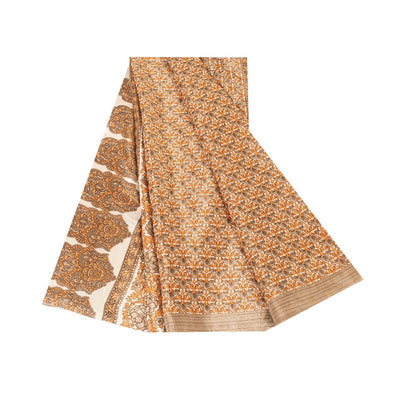 Sanskriti Vintage Sarees Golden Moss Crepe Floral Printed 5+YD Sari For Crafters