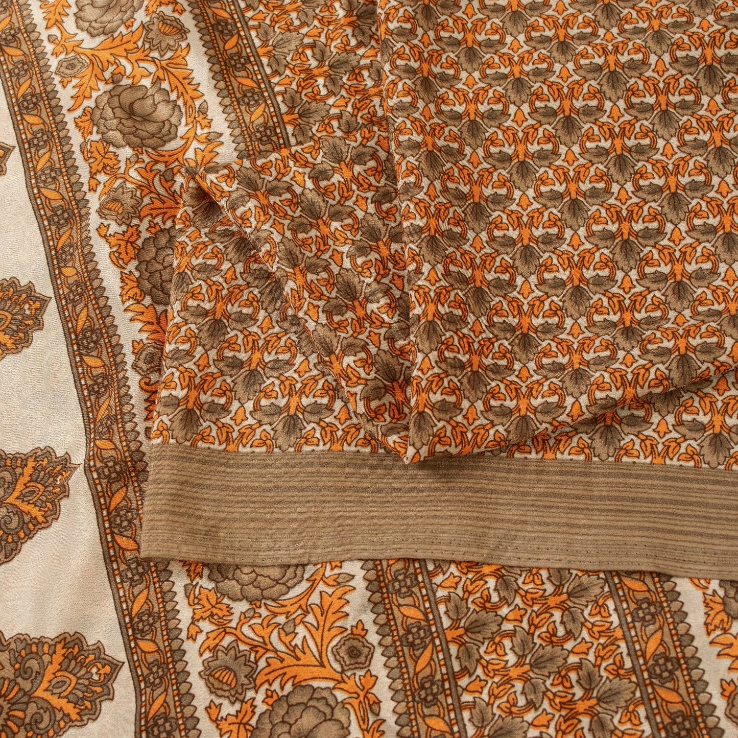 Sanskriti Vintage Sarees Golden Moss Crepe Floral Printed 5+YD Sari For Crafters