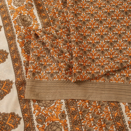 Sanskriti Vintage Sarees Golden Moss Crepe Floral Printed 5+YD Sari For Crafters