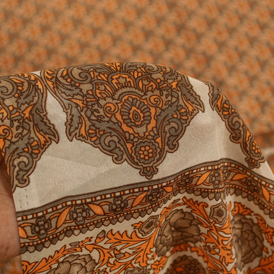 Sanskriti Vintage Sarees Golden Moss Crepe Floral Printed 5+YD Sari For Crafters