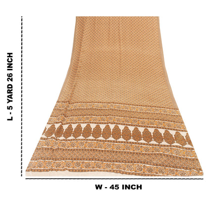 Sanskriti Vintage Sarees Golden Moss Crepe Floral Printed 5+YD Sari For Crafters