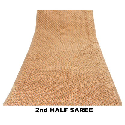Sanskriti Vintage Sarees Golden Moss Crepe Floral Printed 5+YD Sari For Crafters