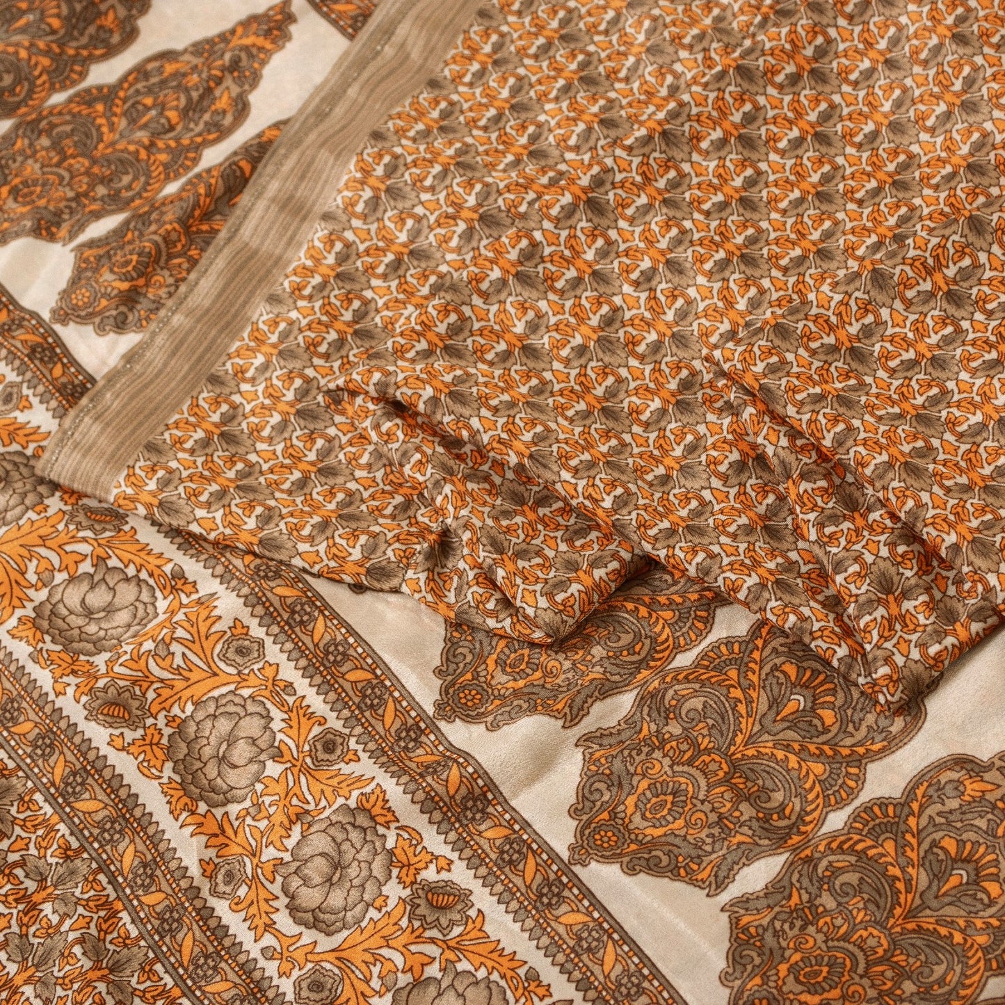 Sanskriti Vintage Sarees Golden Moss Crepe Floral Printed 5+YD Sari For Crafters