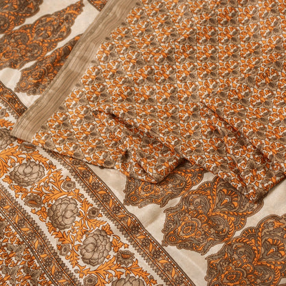 Sanskriti Vintage Sarees Golden Moss Crepe Floral Printed 5+YD Sari For Crafters