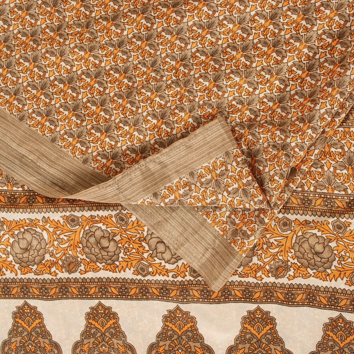 Sanskriti Vintage Sarees Golden Moss Crepe Floral Printed 5+YD Sari For Crafters
