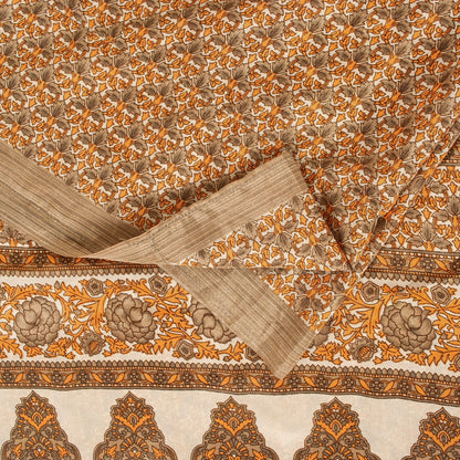 Sanskriti Vintage Sarees Golden Moss Crepe Floral Printed 5+YD Sari For Crafters