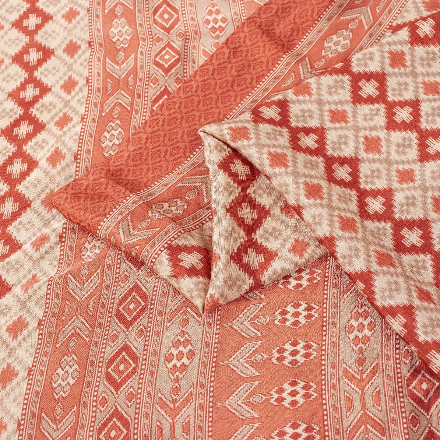 Sanskriti Vintage Sarees Ivory & Peach Moss Crepe Geometric Ikat Print 6YD Sari