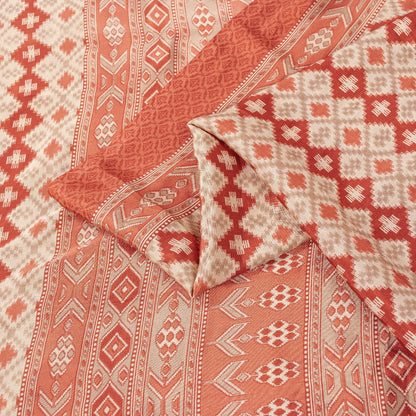 Sanskriti Vintage Sarees Ivory & Peach Moss Crepe Geometric Ikat Print 6YD Sari