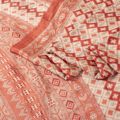Sanskriti Vintage Sarees Ivory & Peach Moss Crepe Geometric Ikat Print 6YD Sari