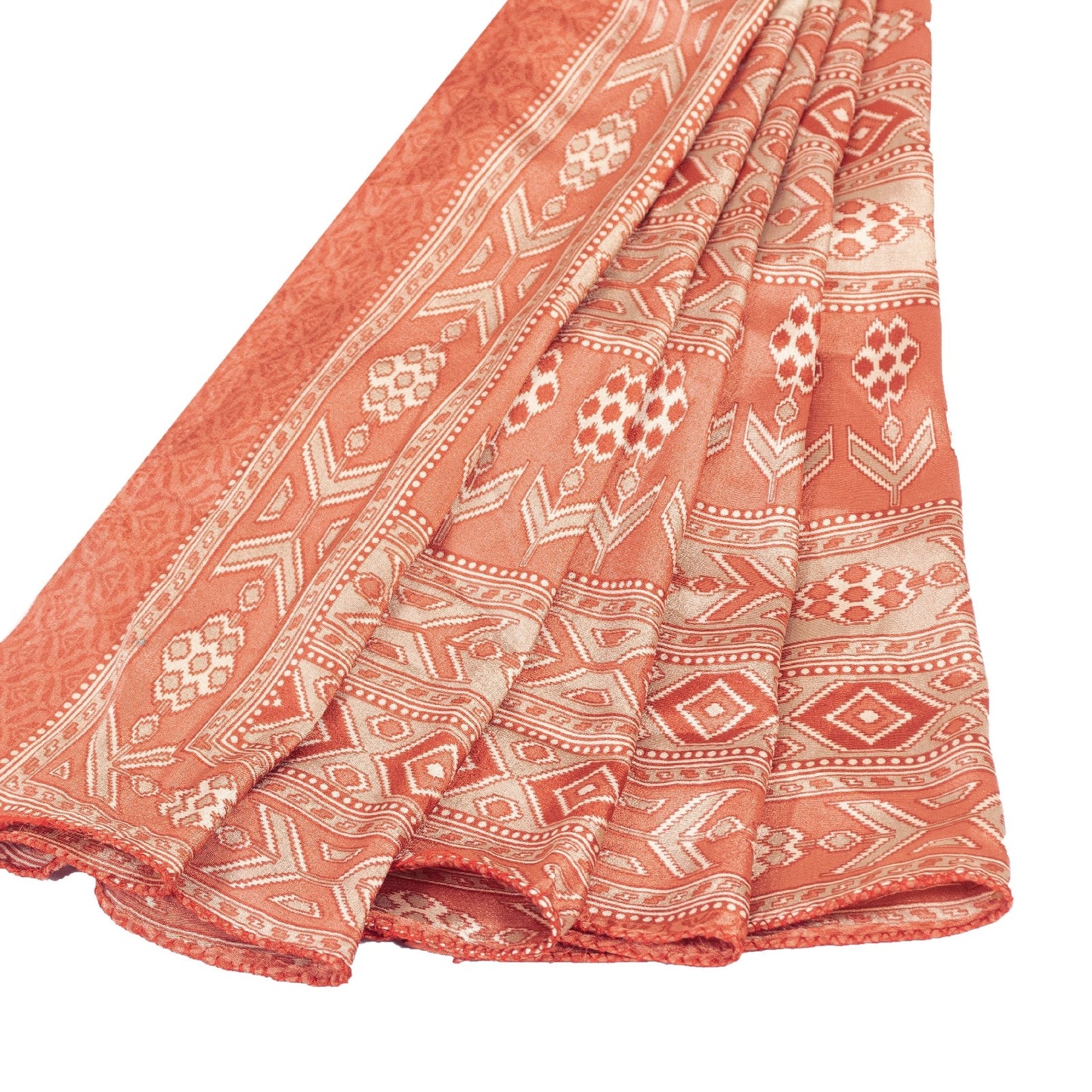 Sanskriti Vintage Sarees Ivory & Peach Moss Crepe Geometric Ikat Print 6YD Sari