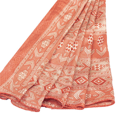 Sanskriti Vintage Sarees Ivory & Peach Moss Crepe Geometric Ikat Print 6YD Sari