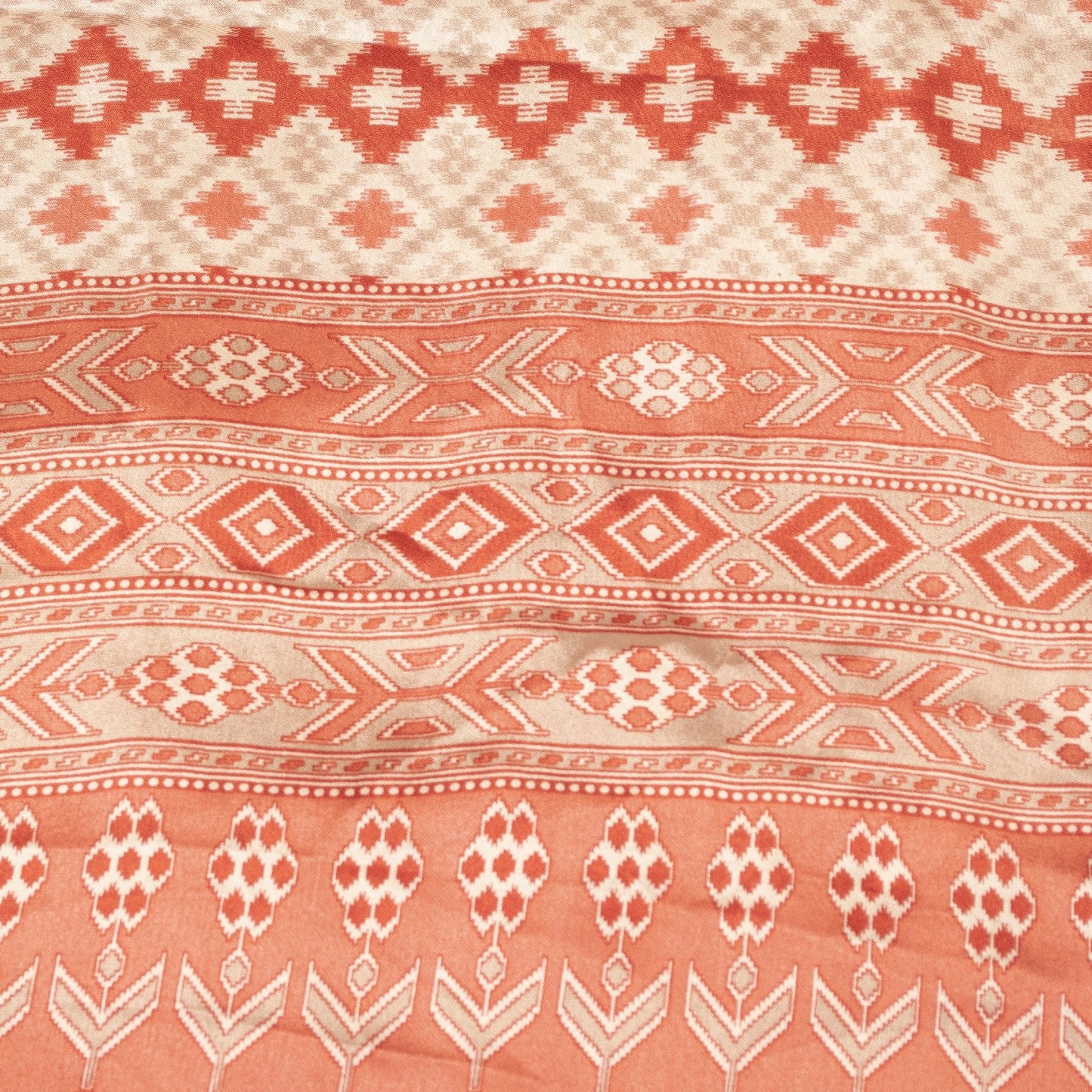 Sanskriti Vintage Sarees Ivory & Peach Moss Crepe Geometric Ikat Print 6YD Sari