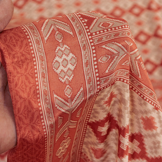 Sanskriti Vintage Sarees Ivory & Peach Moss Crepe Geometric Ikat Print 6YD Sari