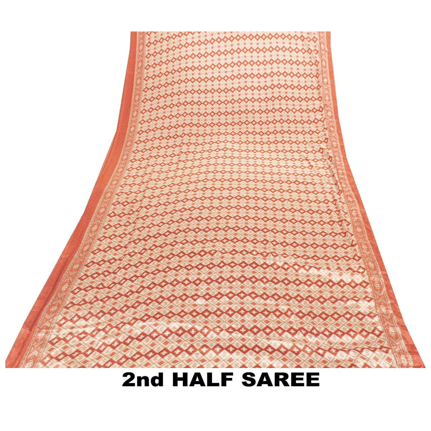 Sanskriti Vintage Sarees Ivory & Peach Moss Crepe Geometric Ikat Print 6YD Sari
